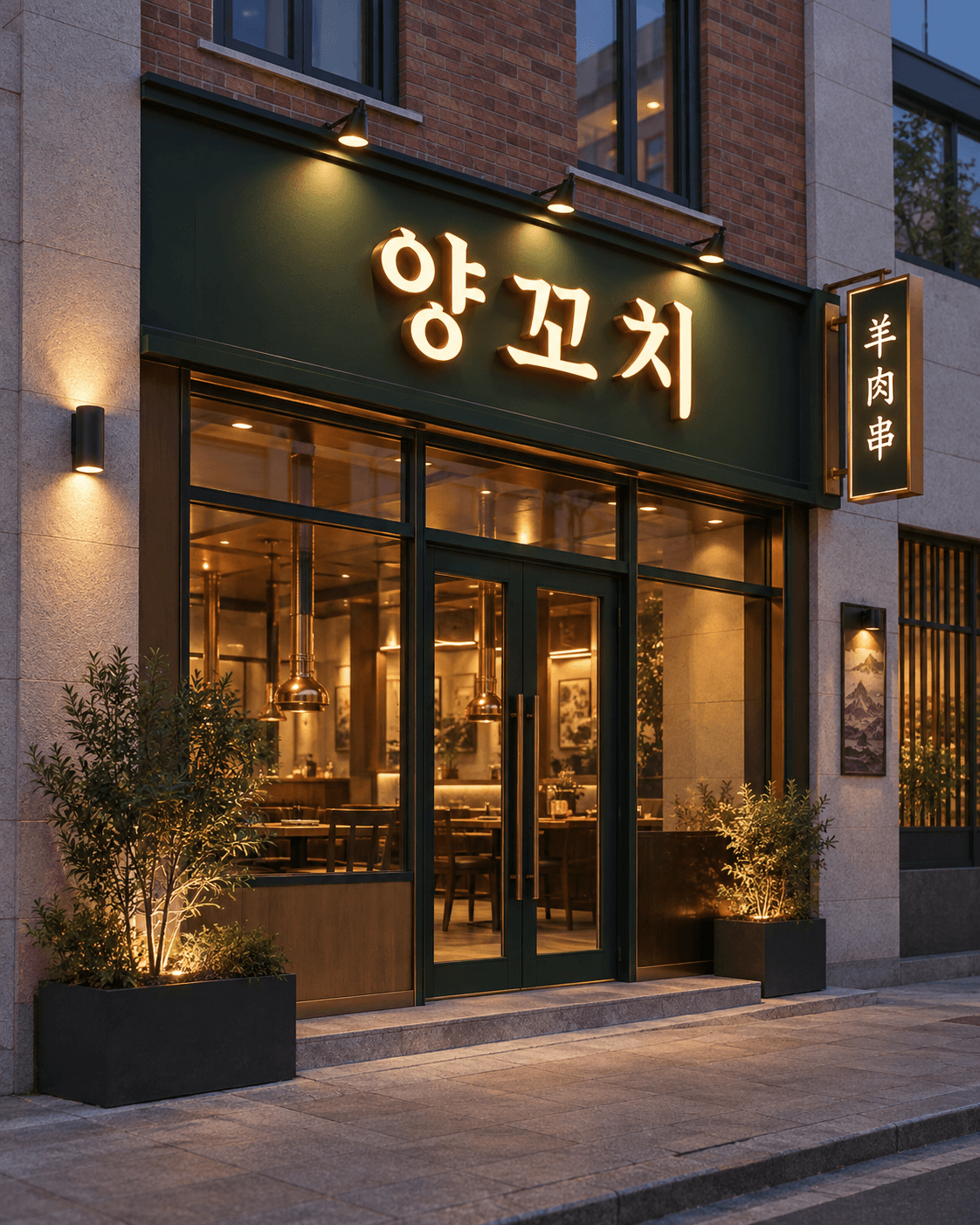 따뜻한 조명과 짙은 녹색 채널간판을 표현한 AI 디자인 예시